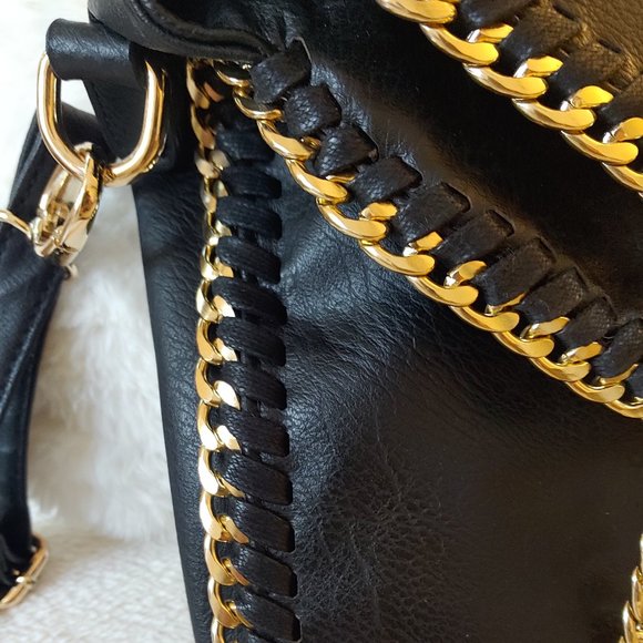 Designer Style Stella McCartney Style Crossbody Clutch Bag Black Gold Chain - Picture 3 of 15